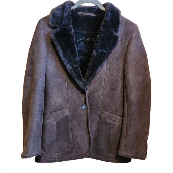 SAWYER OF NAPA VINTAGE BROWN LEATHER WOOL SHEARLING COAT JACKET SIZE 4 SIZE 6 - Picture 2 of 15